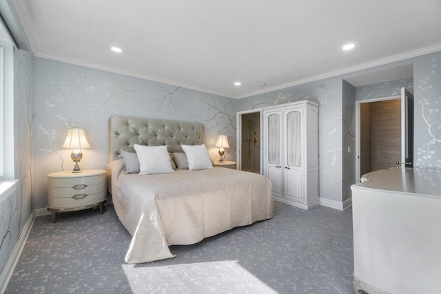 bedroom featuring baseboards, dark carpet, and crown molding