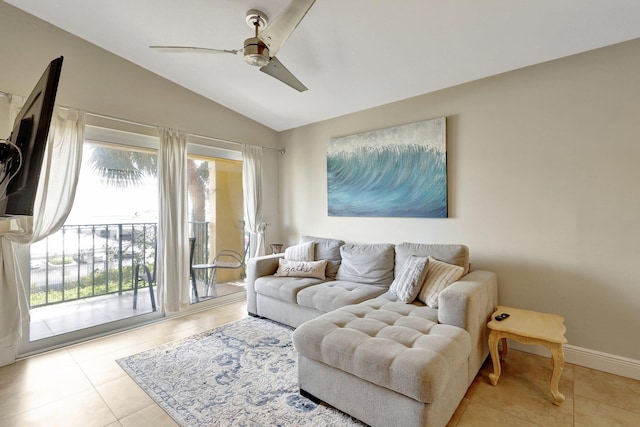 living room featuring light tile patterned flooring, ceiling fan, and lofted ceiling