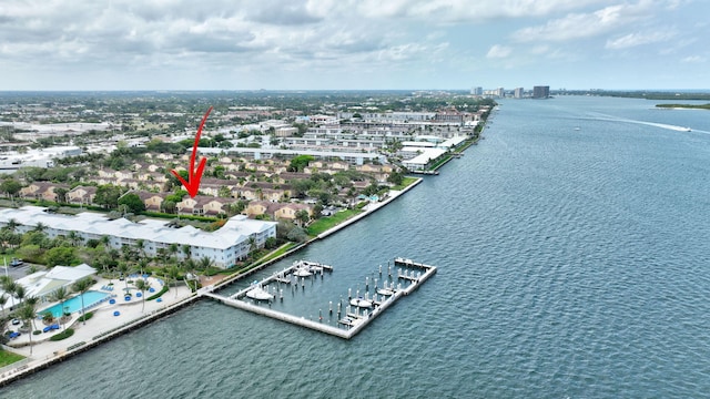 drone / aerial view featuring a water view