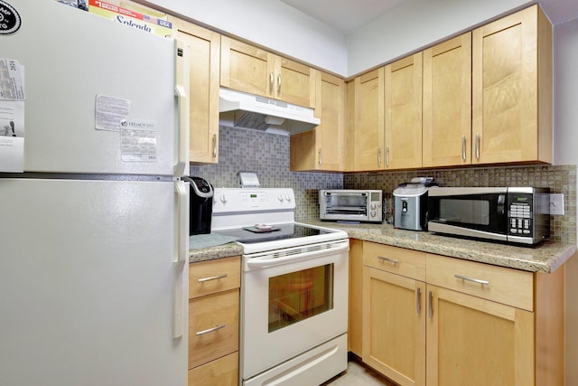 kitchen with light brown cabinetry, white appliances, and decorative backsplash