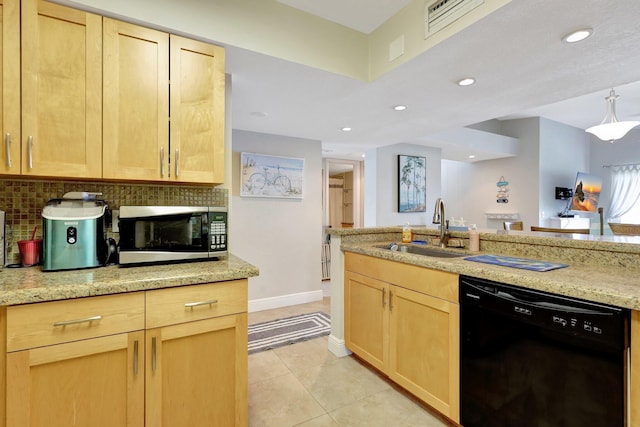 kitchen with light brown cabinetry, dishwasher, sink, decorative backsplash, and light stone countertops