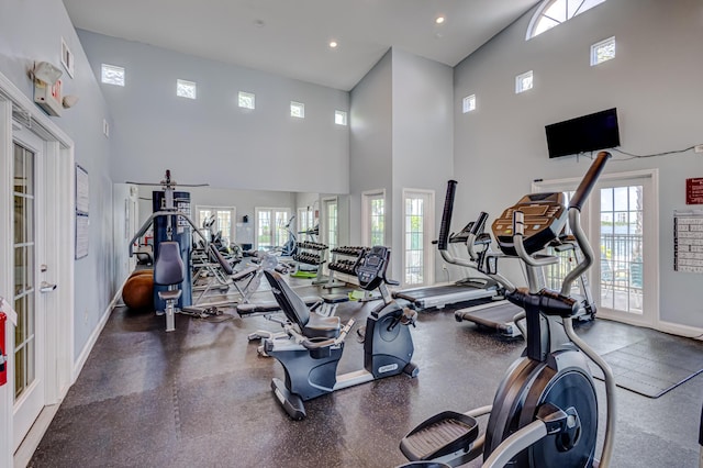 gym featuring a wealth of natural light and french doors