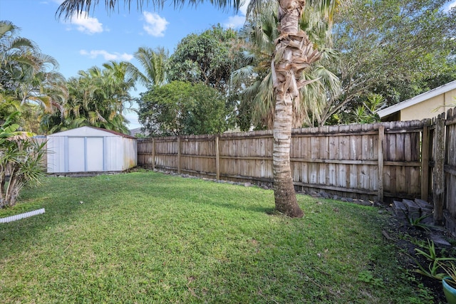 view of yard featuring a storage unit