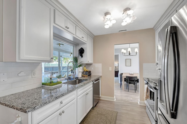 kitchen with stainless steel appliances, sink, white cabinets, and a chandelier