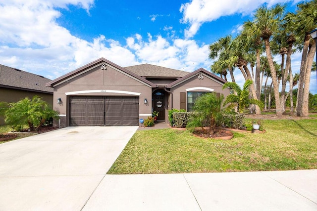 single story home with a garage and a front lawn