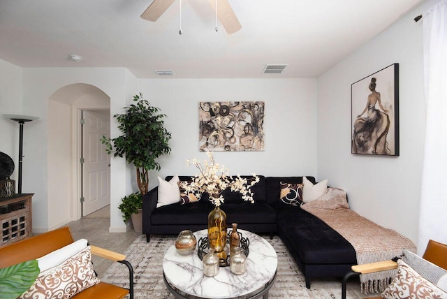 living room featuring ceiling fan