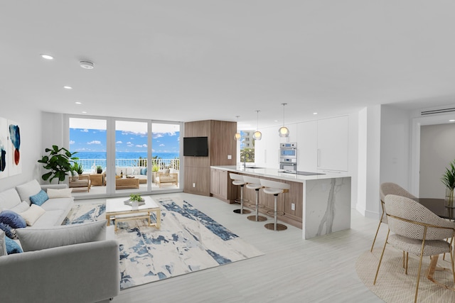 living room with sink, light hardwood / wood-style floors, and expansive windows