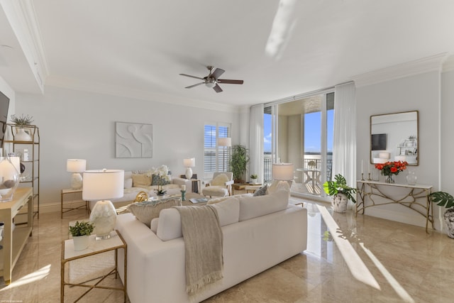 living room with ceiling fan, a wall of windows, and ornamental molding