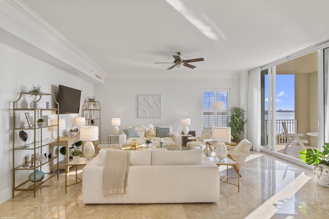 living room with a wall of windows, ornamental molding, and ceiling fan