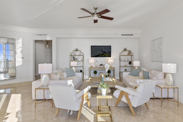 living room with crown molding and ceiling fan