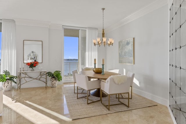 dining space with expansive windows, crown molding, and an inviting chandelier