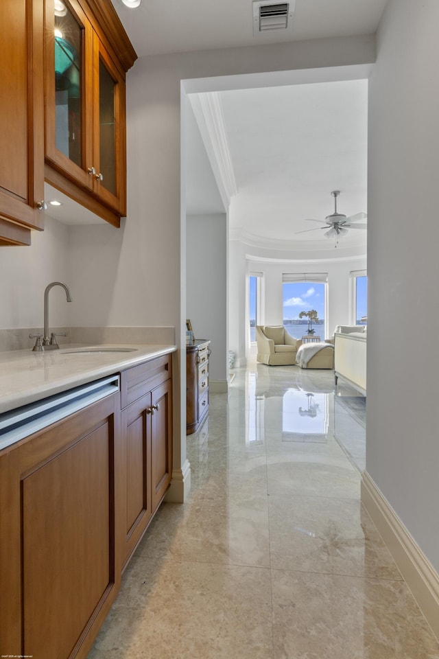 kitchen featuring sink, crown molding, and ceiling fan