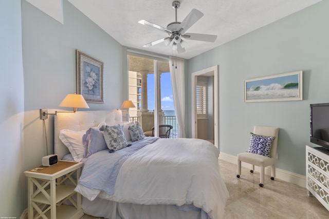 bedroom featuring ceiling fan and access to outside