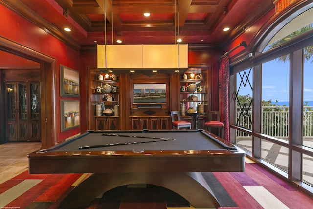 game room with beamed ceiling, crown molding, coffered ceiling, and pool table