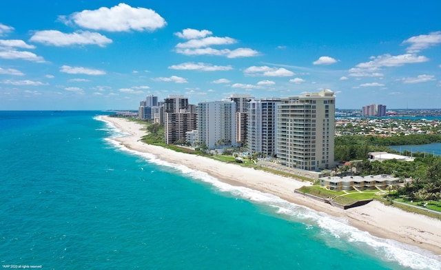 aerial view featuring a beach view and a water view