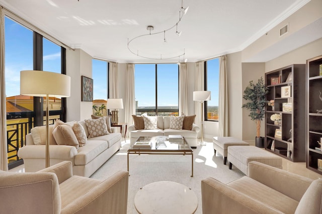 living room featuring a wall of windows, ornamental molding, and carpet