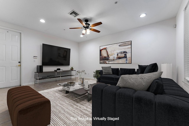 4329 Savannah Bay Pl, Jupiter, FL 33458 - tiled living room with a ceiling fan, recessed lighting, and baseboards
