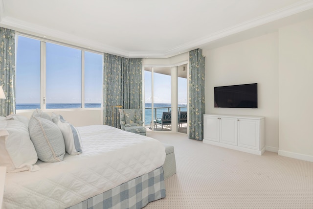 bedroom with crown molding, carpet flooring, and access to exterior