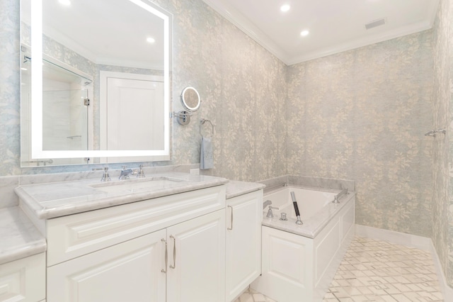 bathroom with ornamental molding, vanity, and a washtub