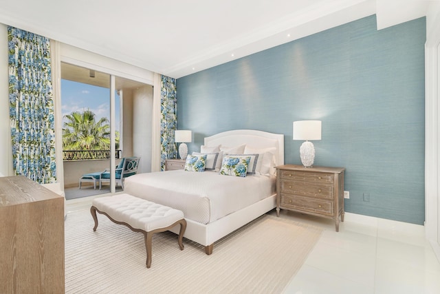 bedroom with access to exterior and light tile patterned floors