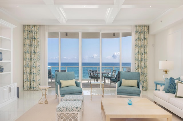 living room featuring crown molding, a water view, coffered ceiling, and beam ceiling