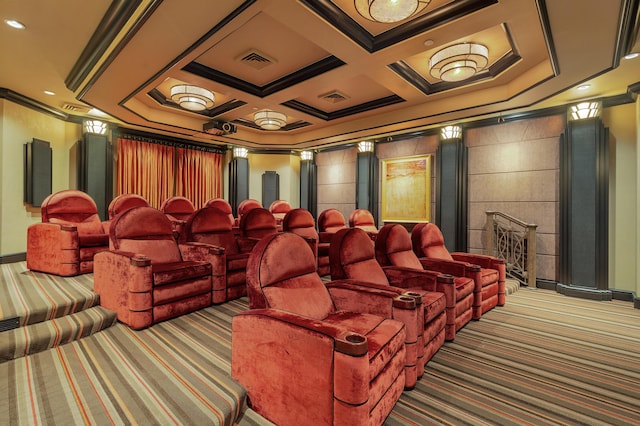 carpeted home theater featuring coffered ceiling and crown molding