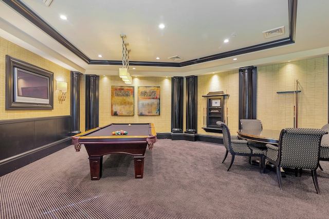 rec room featuring dark colored carpet, ornamental molding, billiards, and a tray ceiling