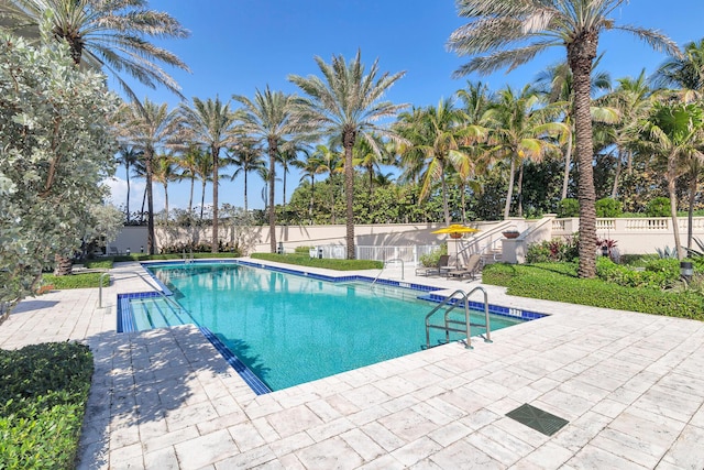 view of swimming pool with a patio