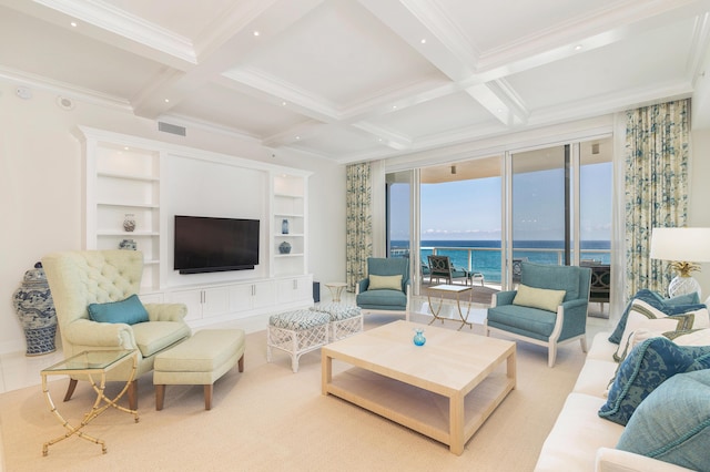 living room featuring coffered ceiling, beam ceiling, and ornamental molding