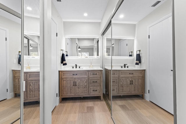 bathroom with wood-type flooring and vanity