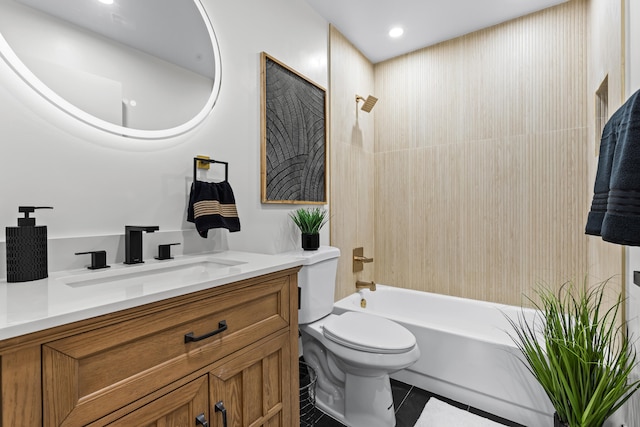 full bathroom with tile patterned flooring, vanity, tub / shower combination, and toilet