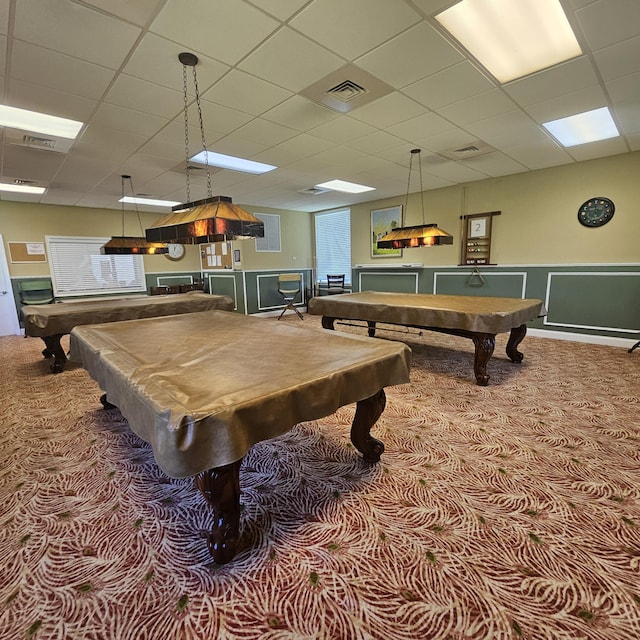14640 Candy Way, Delray Beach, FL 33484 - playroom with pool table, carpet, a paneled ceiling, and wainscoting