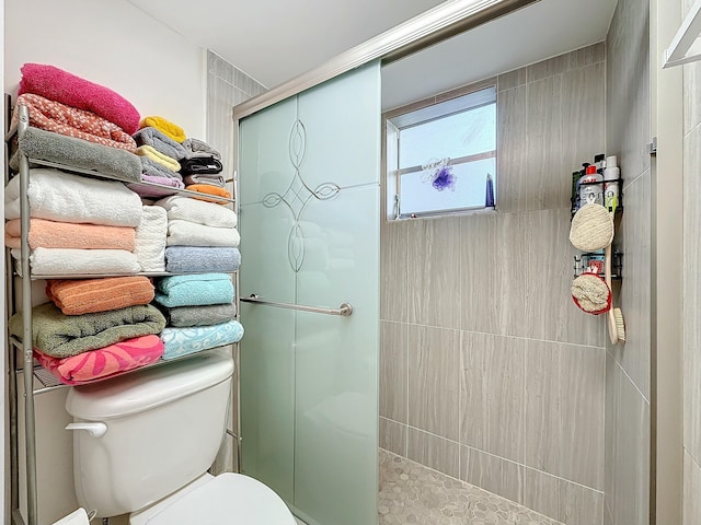 bathroom featuring walk in shower and toilet