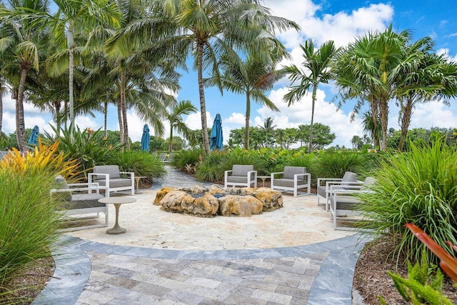 view of community with a patio