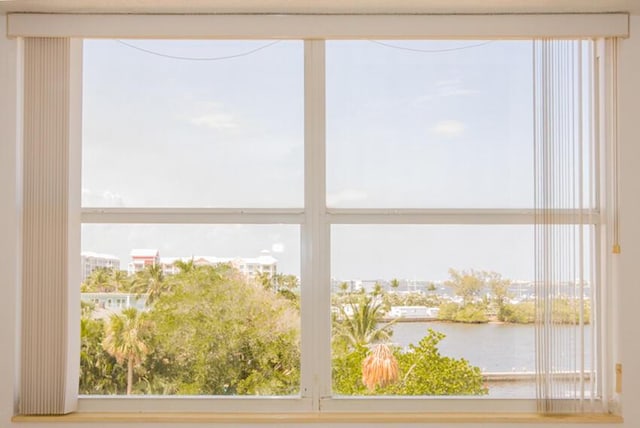 interior space featuring a water view