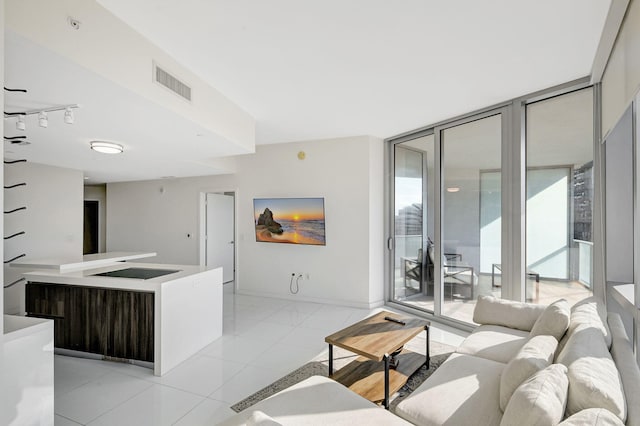 living room featuring expansive windows and rail lighting