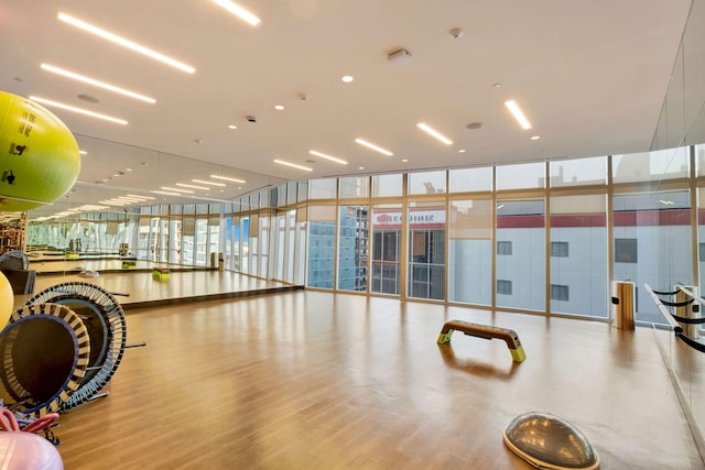 gym with a wall of windows and light hardwood / wood-style floors