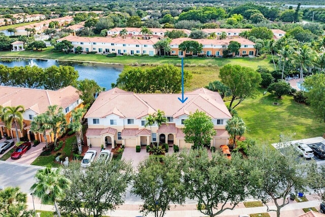 aerial view featuring a water view