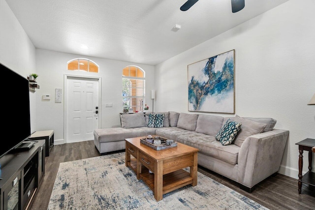 living room featuring ceiling fan, hardwood / wood-style flooring, and a textured ceiling