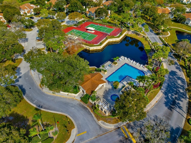 aerial view featuring a water view