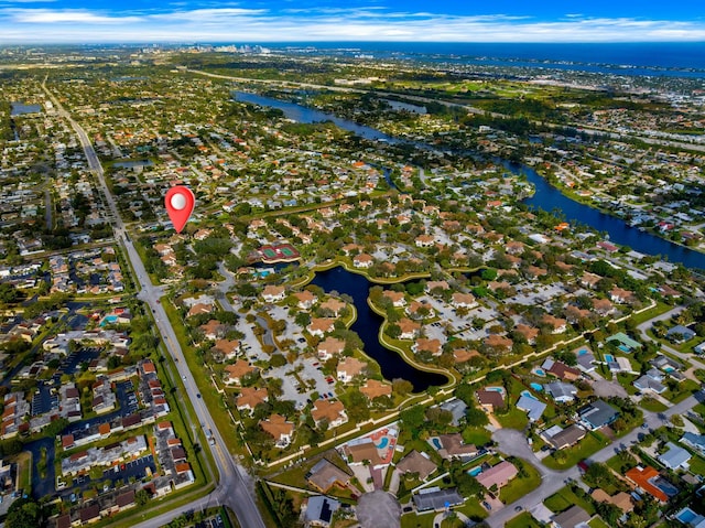 aerial view featuring a water view