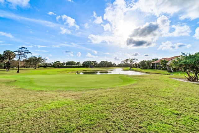 view of community featuring a water view and a lawn