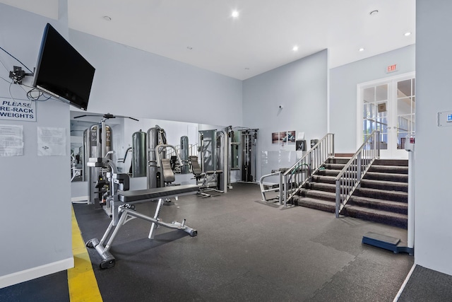 gym with french doors