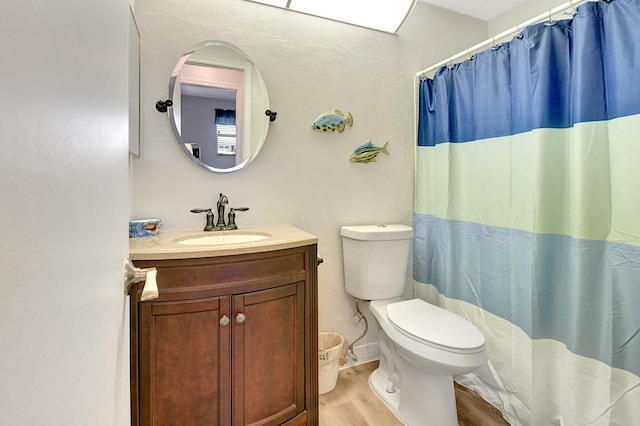 bathroom with vanity, wood-type flooring, toilet, and a shower with shower curtain