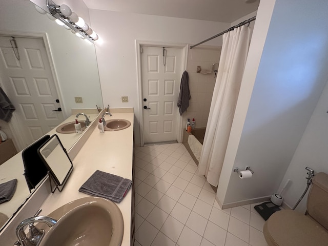 full bathroom with tile patterned flooring, vanity, toilet, and shower / bathtub combination with curtain