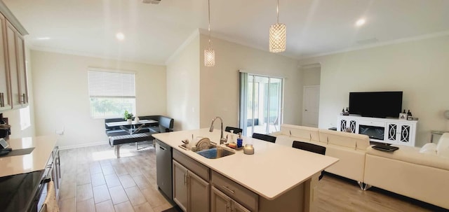 kitchen featuring sink, hanging light fixtures, stainless steel dishwasher, a center island with sink, and light wood-type flooring