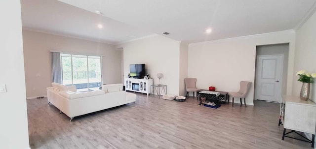 living room featuring ornamental molding and light wood-type flooring