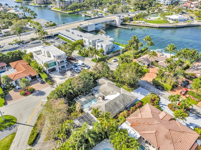 bird's eye view with a water view