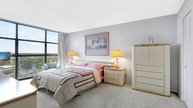 bedroom with expansive windows and light carpet