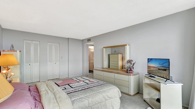 carpeted bedroom with two closets